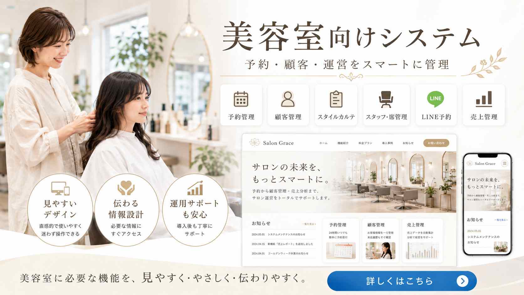美容室ホームページ concrete 美容室ホームページ アドオンとは、 concrete CMSで美容室ホームページを簡単に作成でき顧客とLINE顧客を一元管理し、会員登録・ログイン・予約・カルテシステムなどの業務のほかに、美容室の特徴をわかりやすく説明できる美容室ホームページ作成ツールになっています。