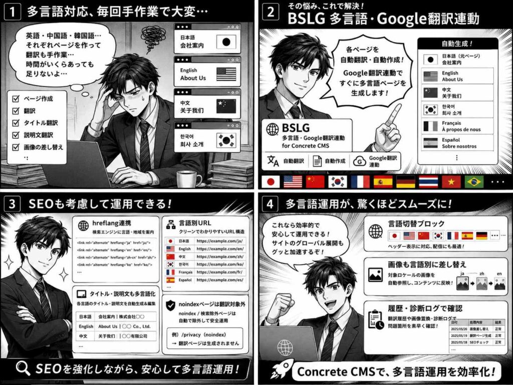 多言語翻訳CMS管理ツール4コマ漫画